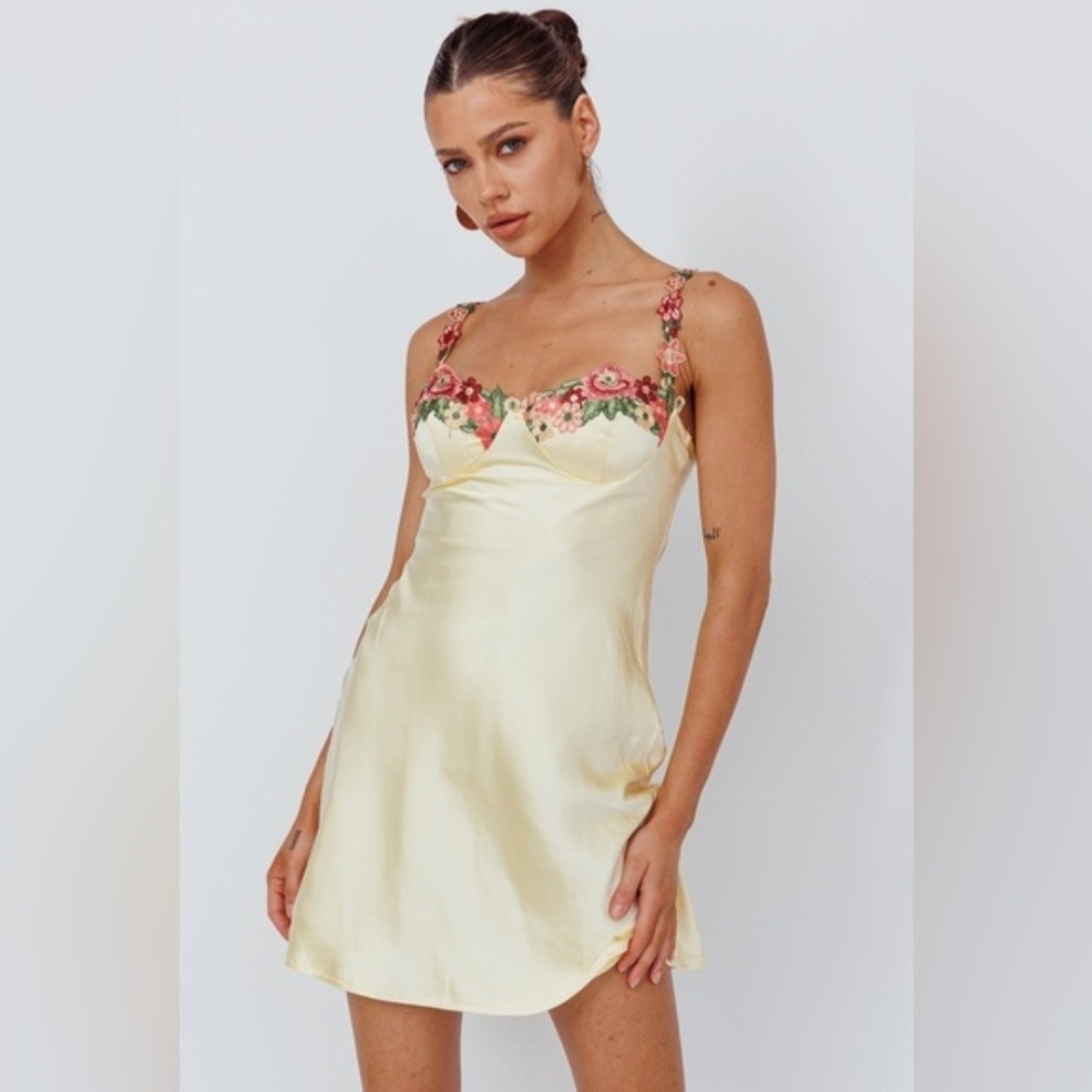 Angel Biba Satin Chemise with Floral Accents - Cream